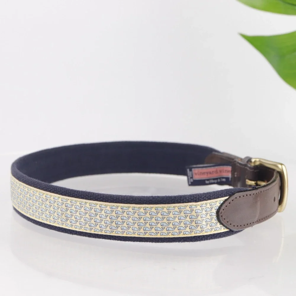 Vineyard Vines Mens Belt Size 30 Yellow Navy Blue Whale Print Brown Leather Tip